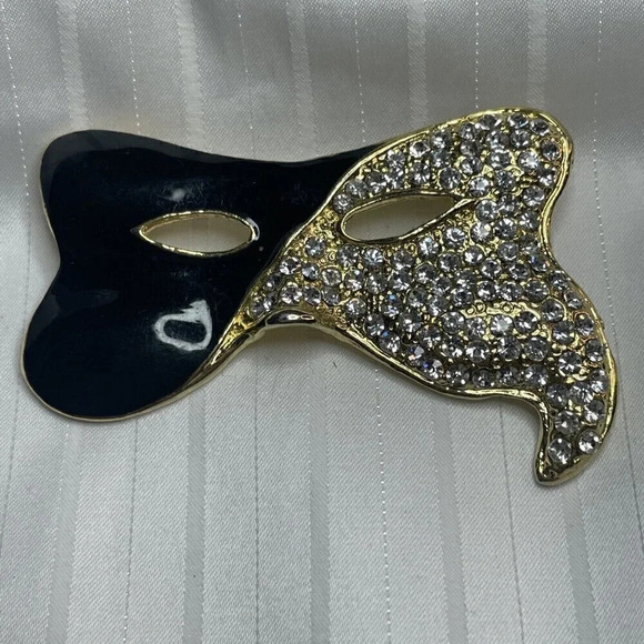 Vintage Black Enamel And Clear Rhinestone Mask Brooch Pin Unmarked - Picture 1 of 4
